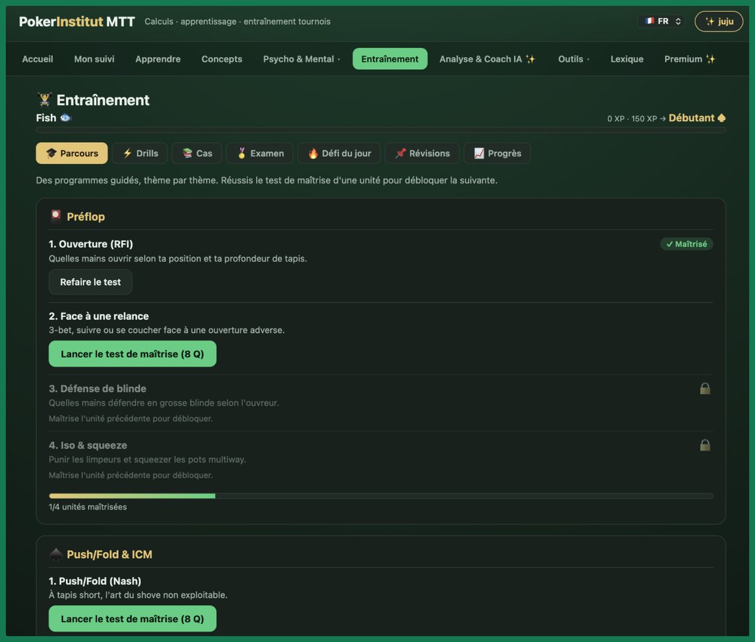 Parcours d'entraînement avec tests de maîtrise